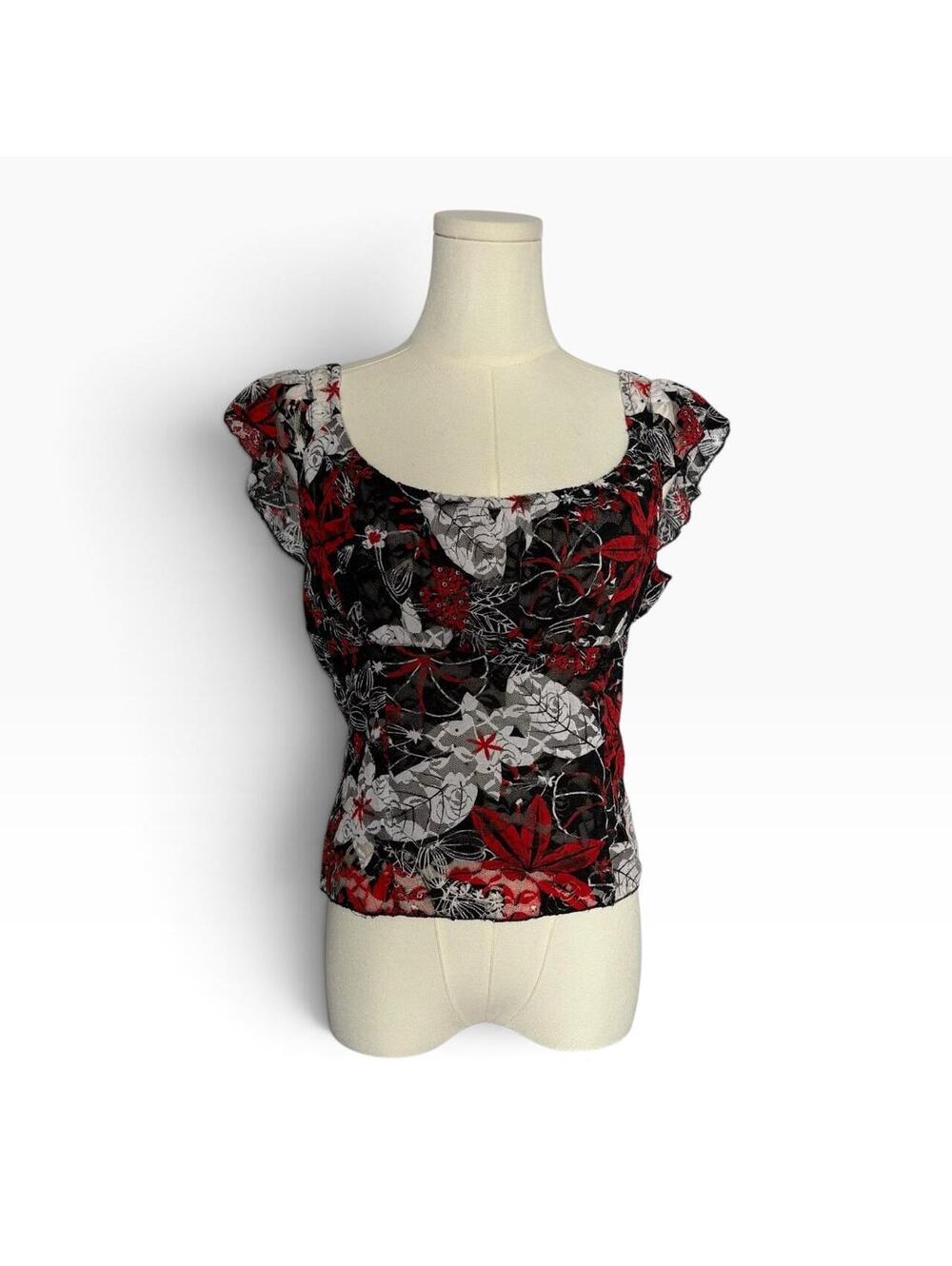 Y2K red, black & white floral polyester blouse